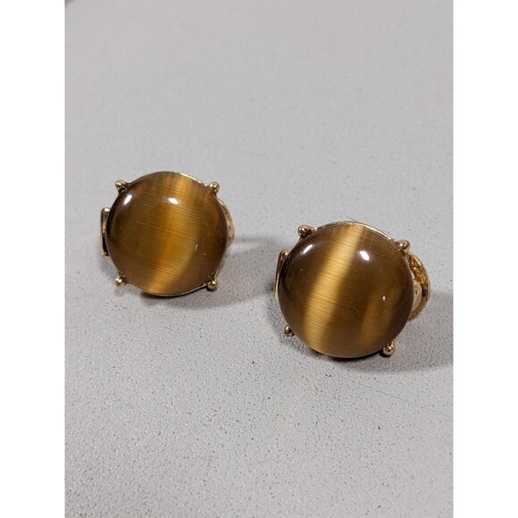 Monet Brown Cats Eye Glass Cabochon Round Stud Clip On Earrings - Picture 4 of 9